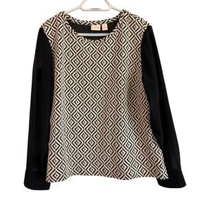 Chico’s Size 2 Black White Geometric Top Boho Modern Career Blouse Sheer Sleeve